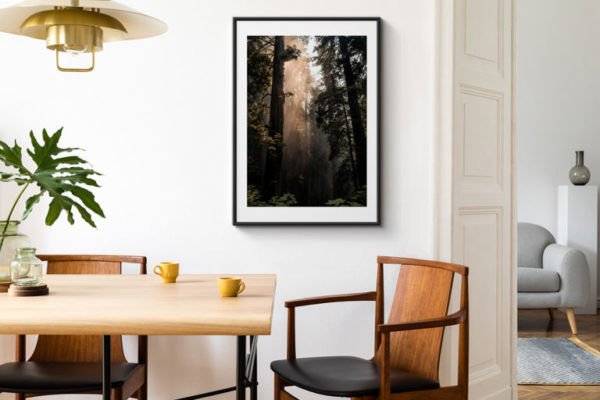 Stylish and modern dining room interior with mock up poster. Eclectic decor.