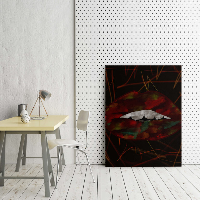 lips canvas art leaning on wall